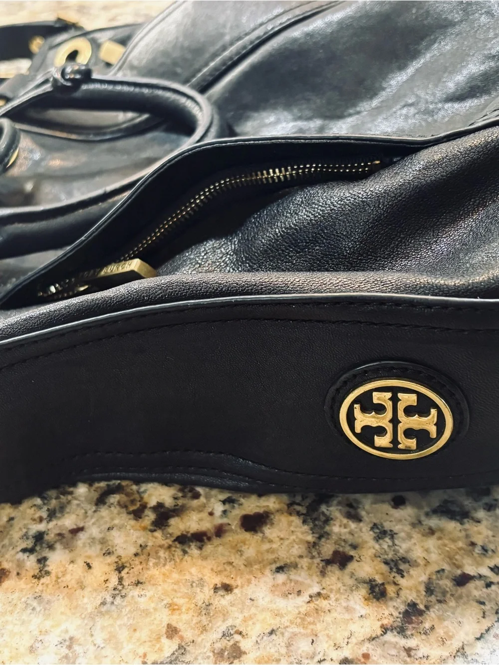 Tory Burch Black Leather Messenger with Gold Hardware